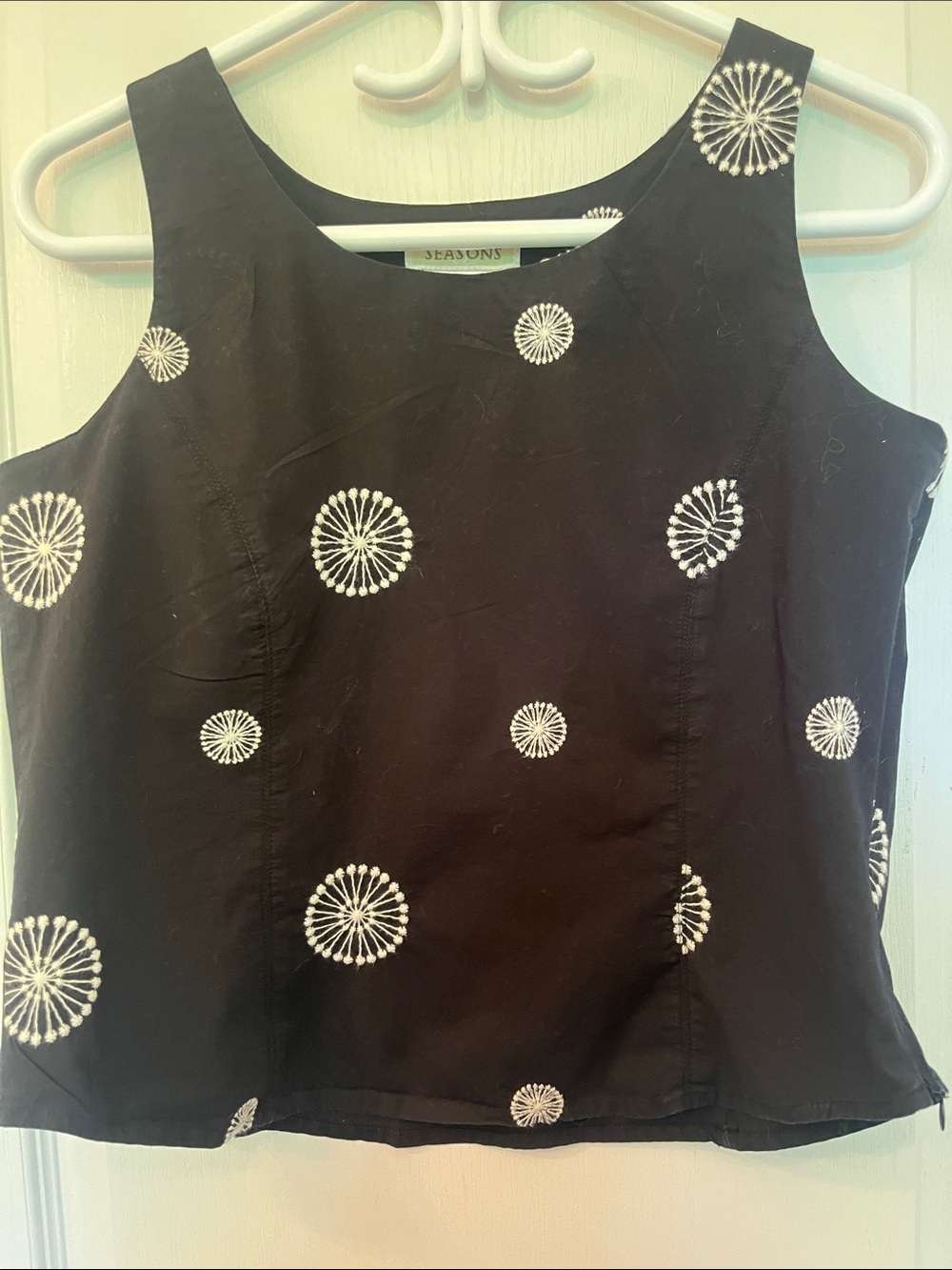 Black Sleeveless Tank with White Embroidered Medallions